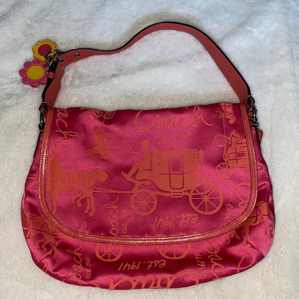 Coach Magenta Orange Large Carriage Print Flap Handbag Purse